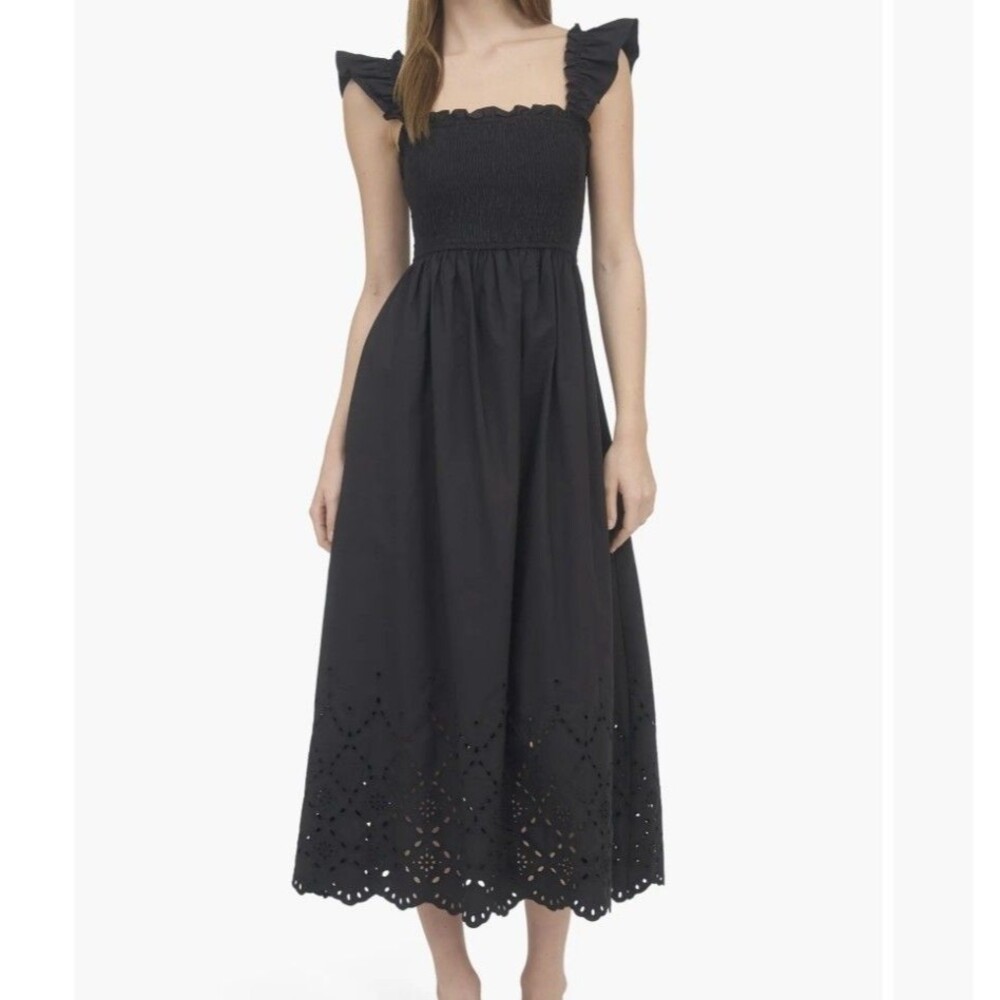 Blu Pepper Eyelet Midi Dress Black Small Smocked Ruffled Romantic Feminine Party